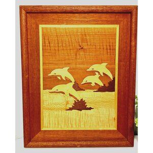 Wooden Marquetry Inlay Four Jumping Dolphins Wall Hanging 15 x 12 Inches